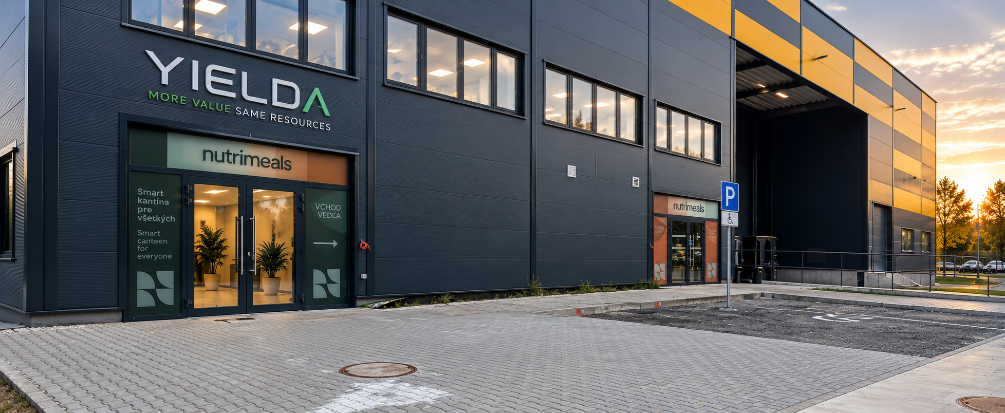 Moderná prevádzka YIELDA pri západe slnka